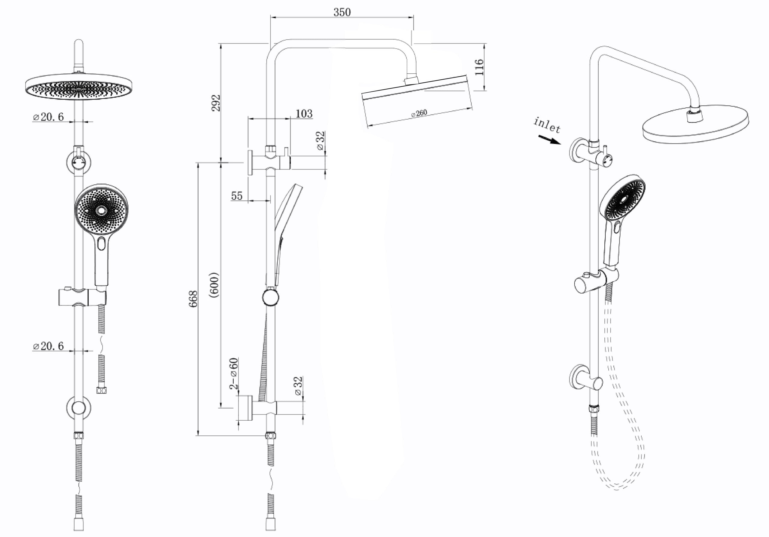 The Gabe Twin Shower With Rail - Brushed Gold
