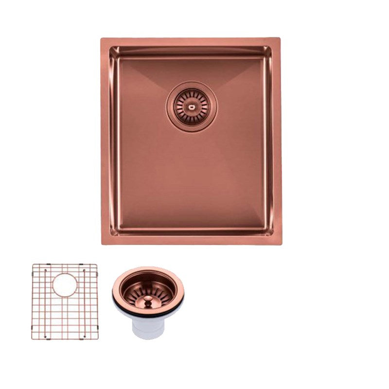 Round Corner Stainless Steel Copper PVD Coating Single Bowl Kitchen Sink(with Bottom Grid) 390*450*215mm