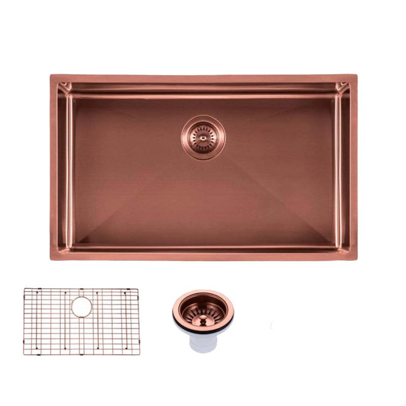 Round Corner Stainless Steel Copper PVD Coating Single Bowl Kitchen Sink(with Bottom Grid) 762*457*254mm