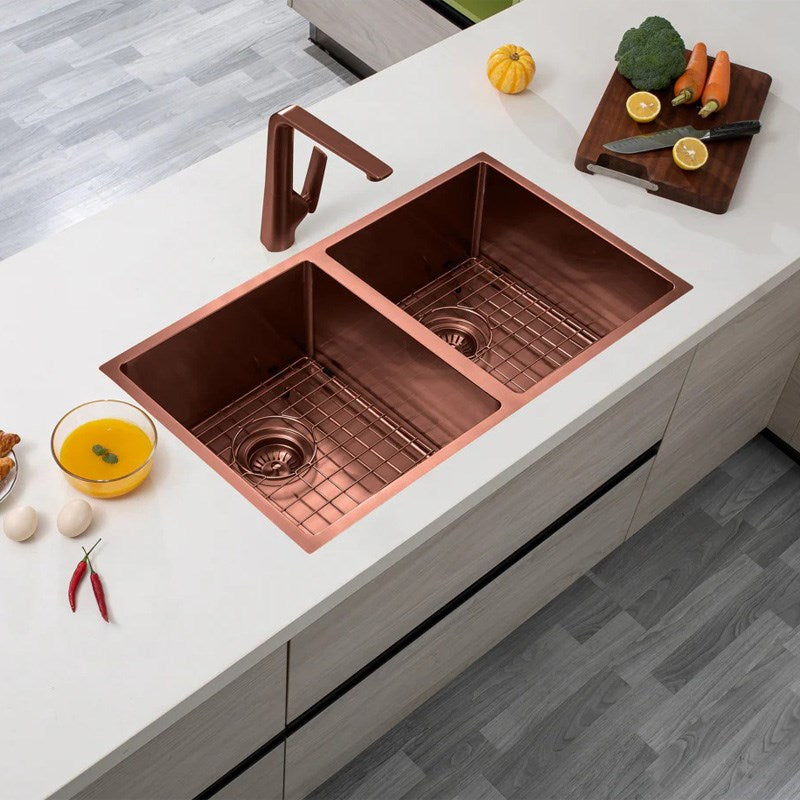 820x457x230mm Copper Stainless Steel PVD Double Bowl Kitchen Sink