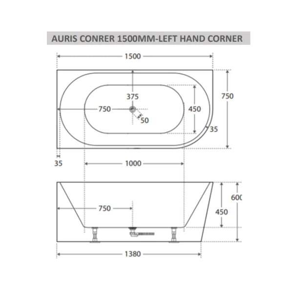 Auris 1500mm left hand corner (matte whte)