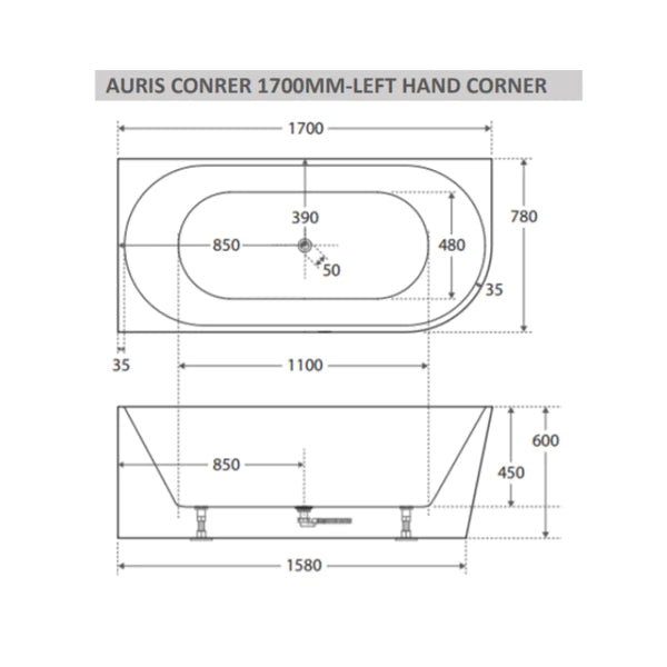 Auris 1700mm left hand corner (matte whte)