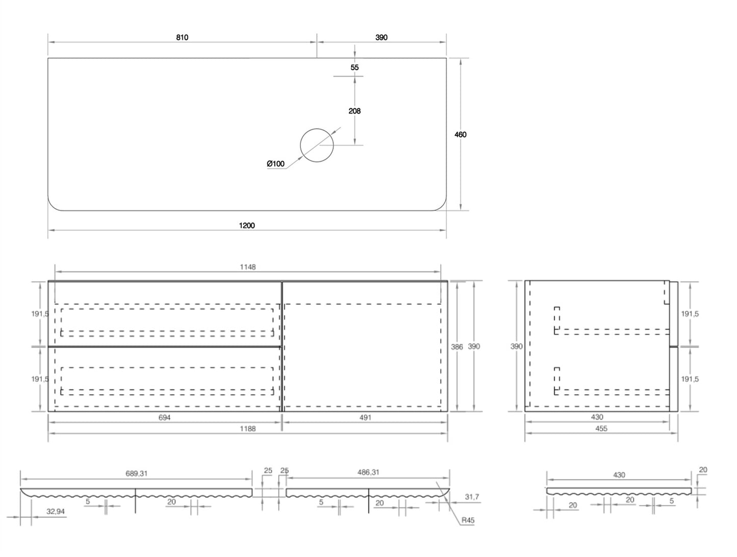 Gravity RHS 1200x460x405mm Natural Oak