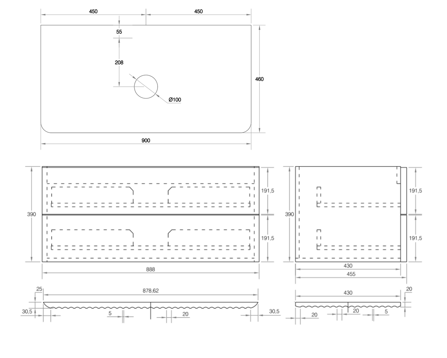 Gravity 900x460x405mm Walnut
