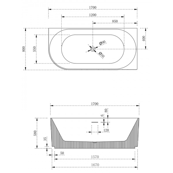 V-groove 1700mm right hand corner (matte white)