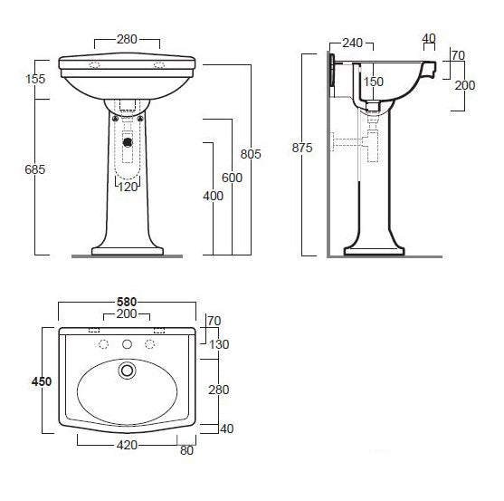 Claremont 58x45 Basin & Pedestal - 1TH