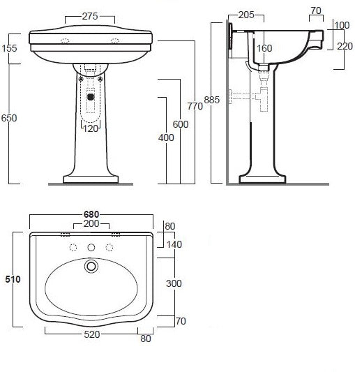 Claremont 68x51 Basin & Pedestal - 3TH