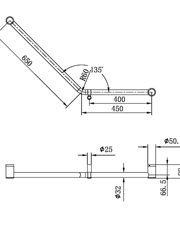 MECCA CARE 32MM AMBULANT 45 DEGREE BENT TUBE GRAB RAIL 450X650MM BRUSHED NICKEL