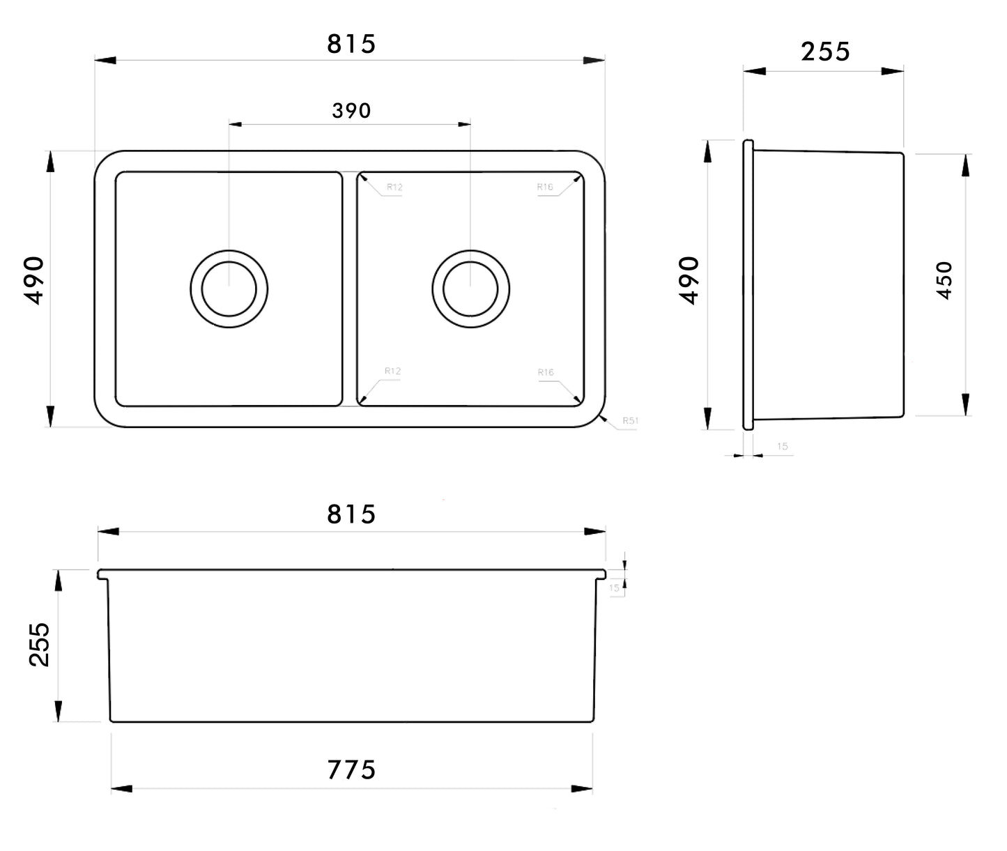KIT - Cuisine 81x49 Inset / Undermount (Overflow) – Matte Black