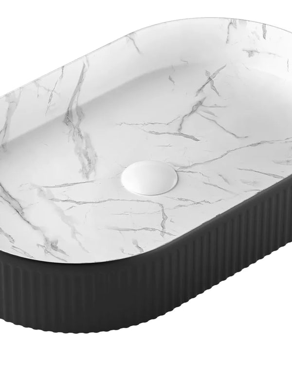 Kensington Oval 580x360x120 Matte Black & White Carrara Basin