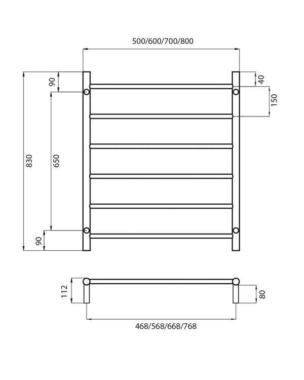 Black 700 x 830mm Rnd Non Heated Towel Rail