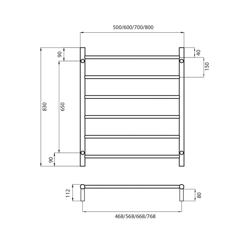 Black 700 x 830mm Rnd Non Heated Towel Rail