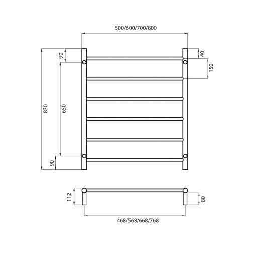 Polished 600 x 830mm Rnd Non Heated Towel Rail