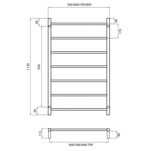 Black 700 x 1130mm Rnd Non Heated Towel Rail
