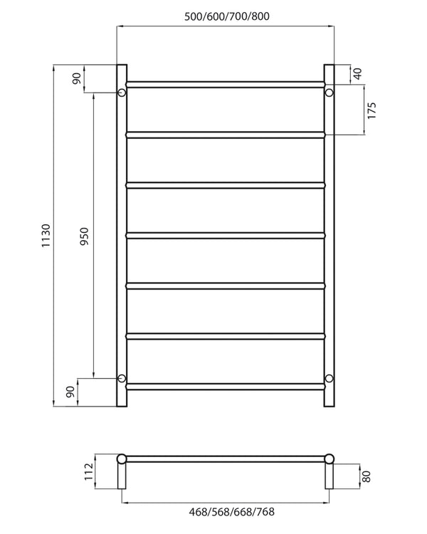 Brushed Satin 700 x 1130mm Rnd Non Heated Towel Rail