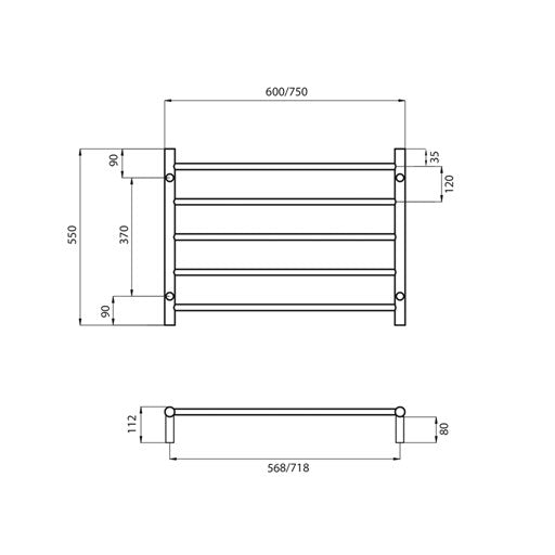 Black 750 x 550mm Rnd Non Heated Towel Rail