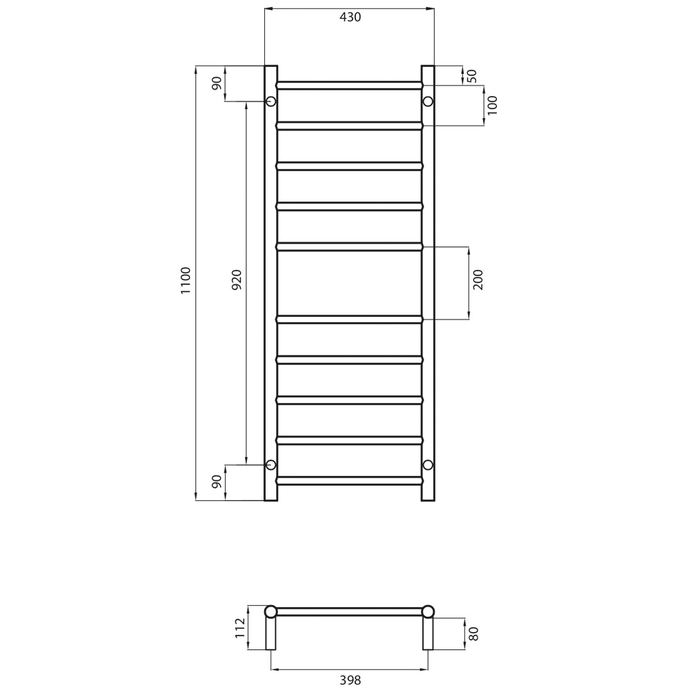 Black 430 x 1100mm Rnd Non Heated Towel Rail