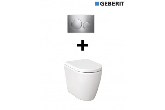 Narva Rimless Floor Pan with thin seat, Inwall Cistern & Brushed Stainless Steel Button