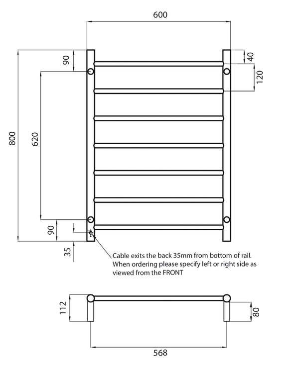 Black 600 x 800mm Squ Heated Towel Rail LEFT