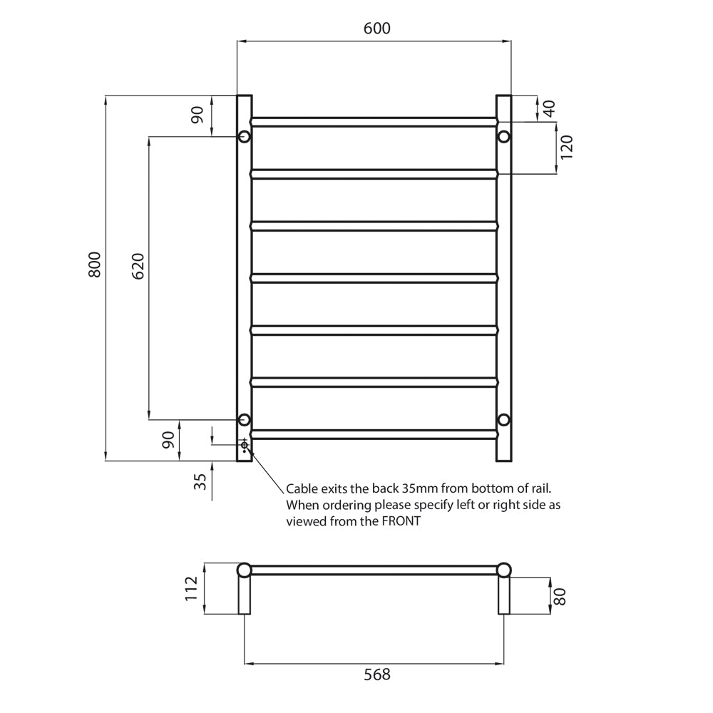 Black 600 x 800mm Squ Heated Towel Rail LEFT