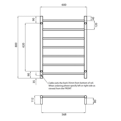 Champagne 600 x 800mm Rnd Heated Towel Rail Right