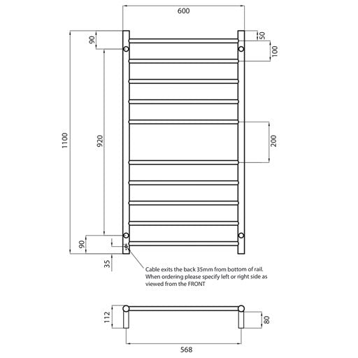 Brushed Nickel 600 x 1100mm Rnd Heated Towel Rail RIGHT