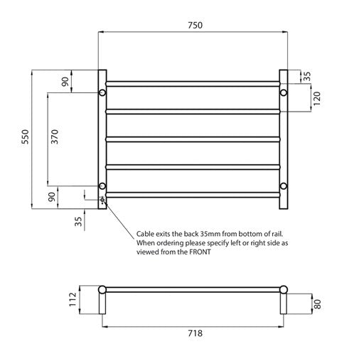 Champagne 750 x 550mm Rnd Heated Towel Rail LEFT