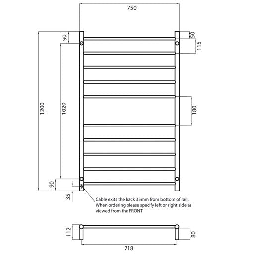 Black 750 x 1200mm Rnd Heated Towel Rail RIGHT