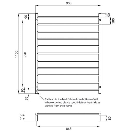 Polished 900 x 1100mm Rnd Heated Towel Rail LEFT