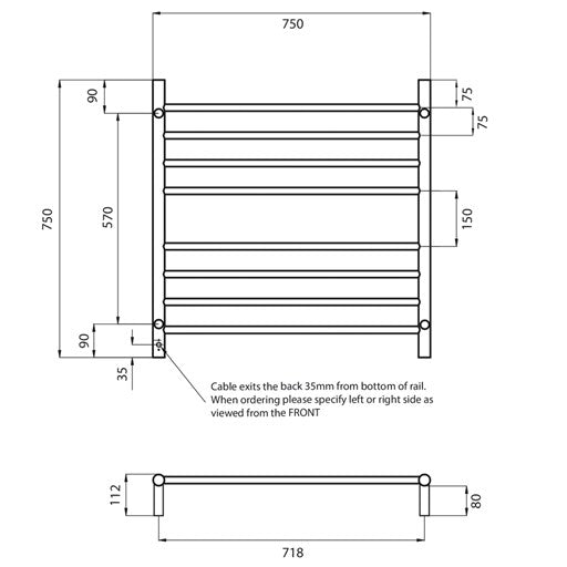 Gun Metal Grey 750 x 750mm Rnd Heated Towel Rail LEFT