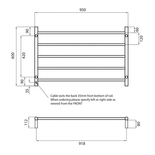 Black 950 x 600mm Rnd Heated Towel Rail LEFT