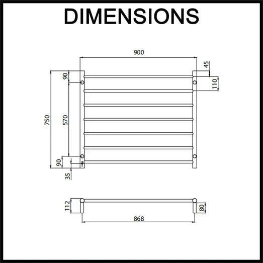 Black 900 x 750mm Rnd Heated Towel Rail LEFT