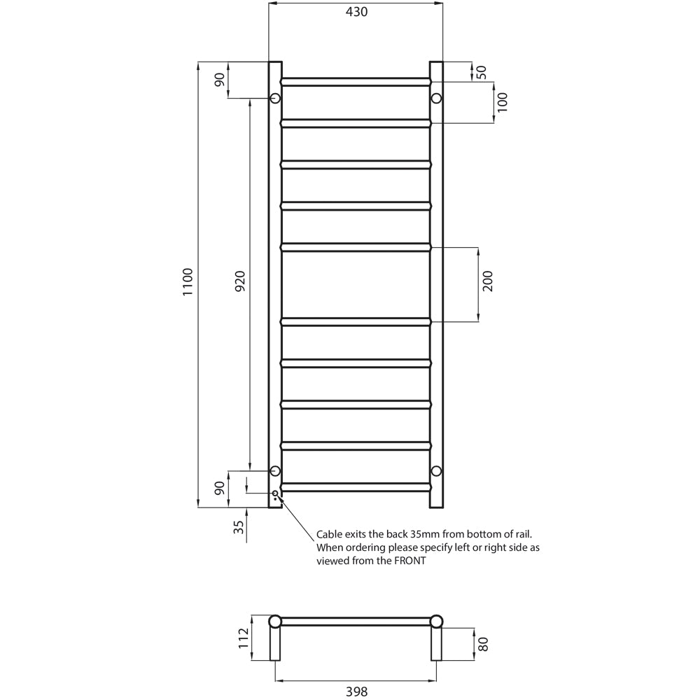 Black 430 x 1100mm Rnd Heated Towel Rail LEFT