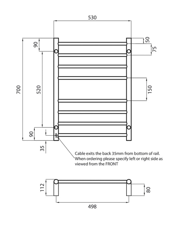 Black 530 x 700mm Rnd Heated Towel Rail LEFT