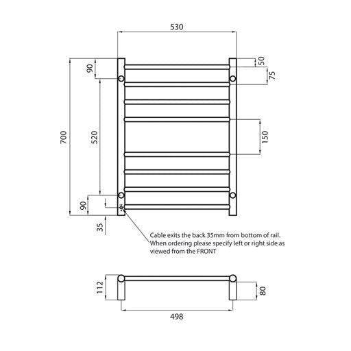 Brushed Nickel 530 x 700mm Rnd Heated Towel Rail LEFT
