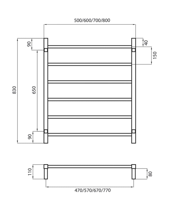 Black 700 x 830mm Squ Non Heated Towel Rail