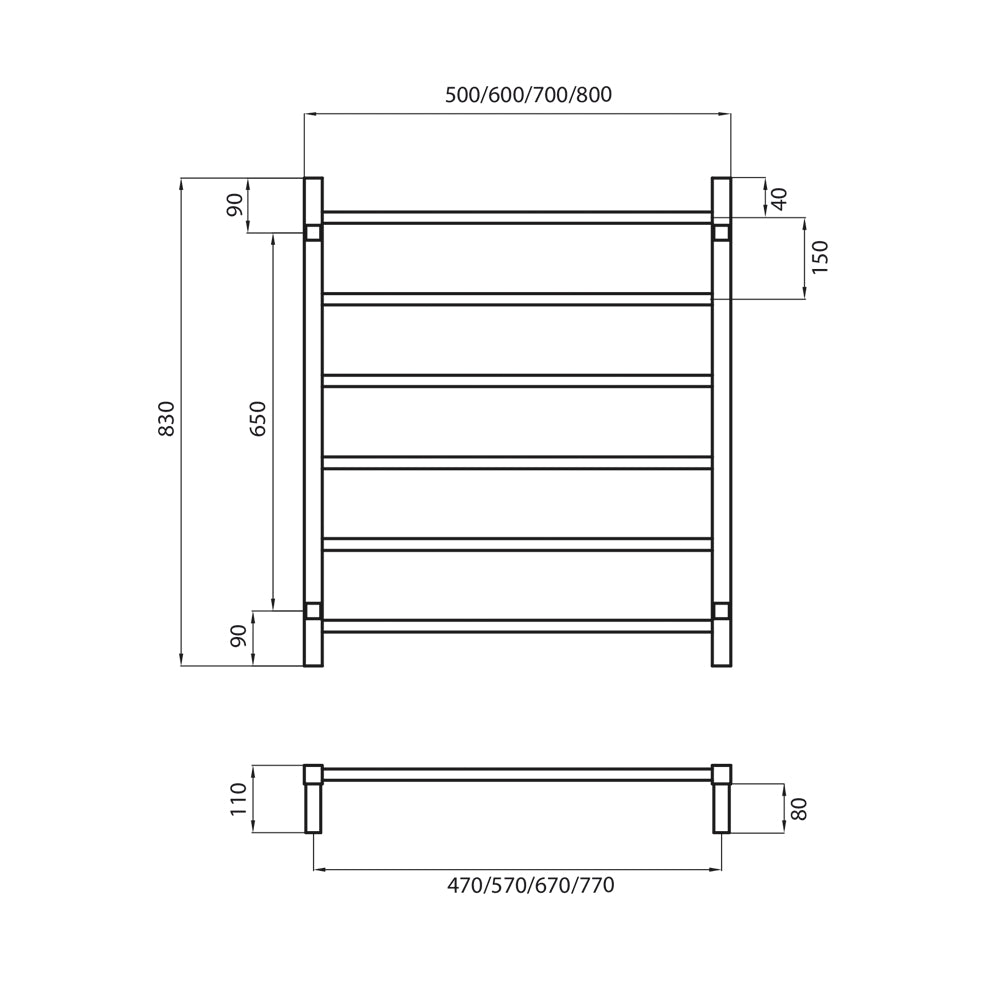 Black 700 x 830mm Squ Non Heated Towel Rail