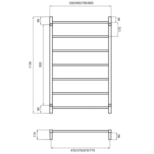 Black 700 x 1130mm Squ Non Heated Towel Rail