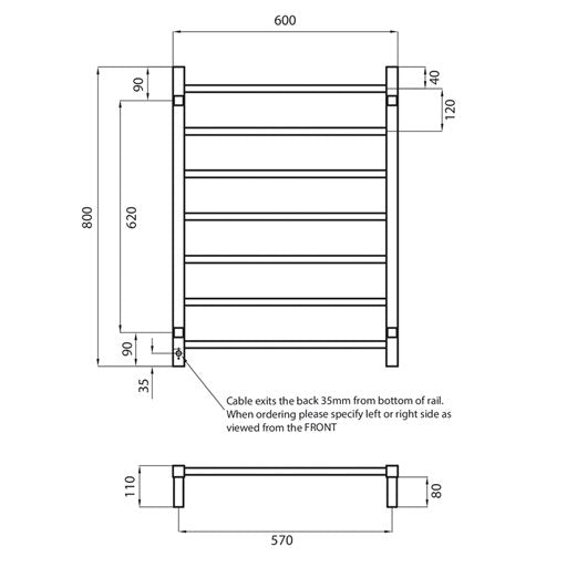 Low Voltage Polished 600 x 800mm Square Heated Towel Rail RIGHT