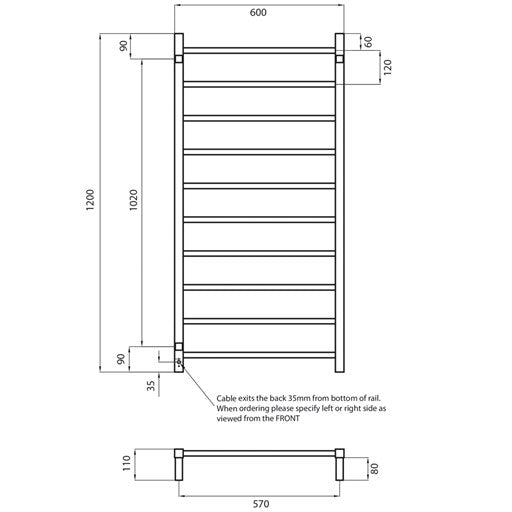 Polished 600 x 1200mm Squ Heated Towel Rail RIGHT