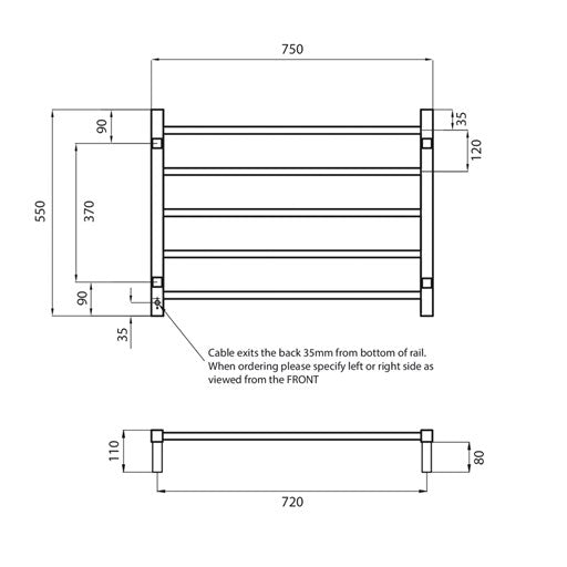 Black 750 x 550mm Squ Heated Towel Rail LEFT