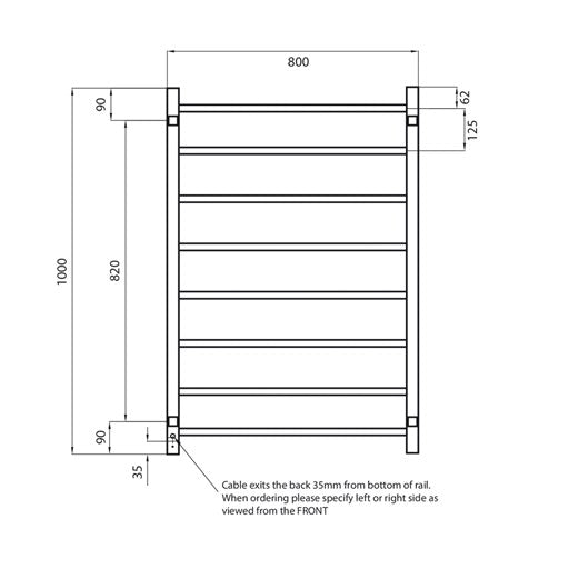 Black 800 x 1000mm Squ Heated Towel Rail LEFT