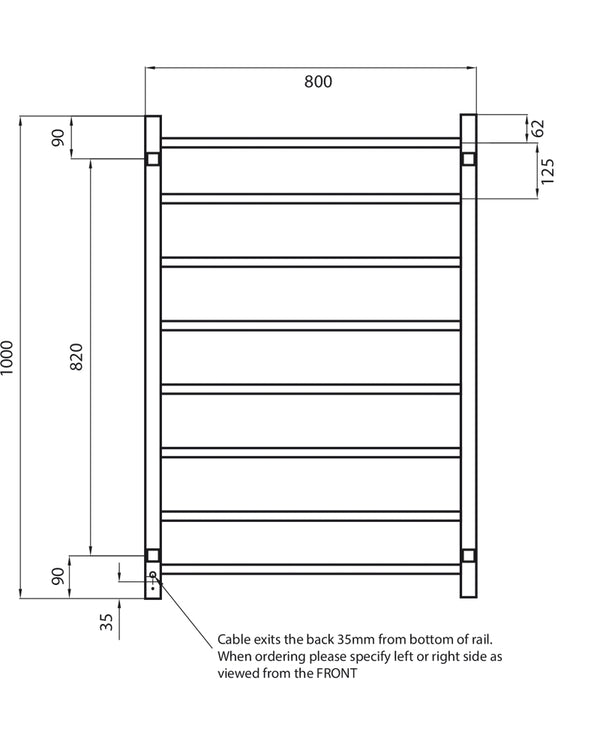Black 800 x 1000mm Squ Heated Towel Rail RIGHT