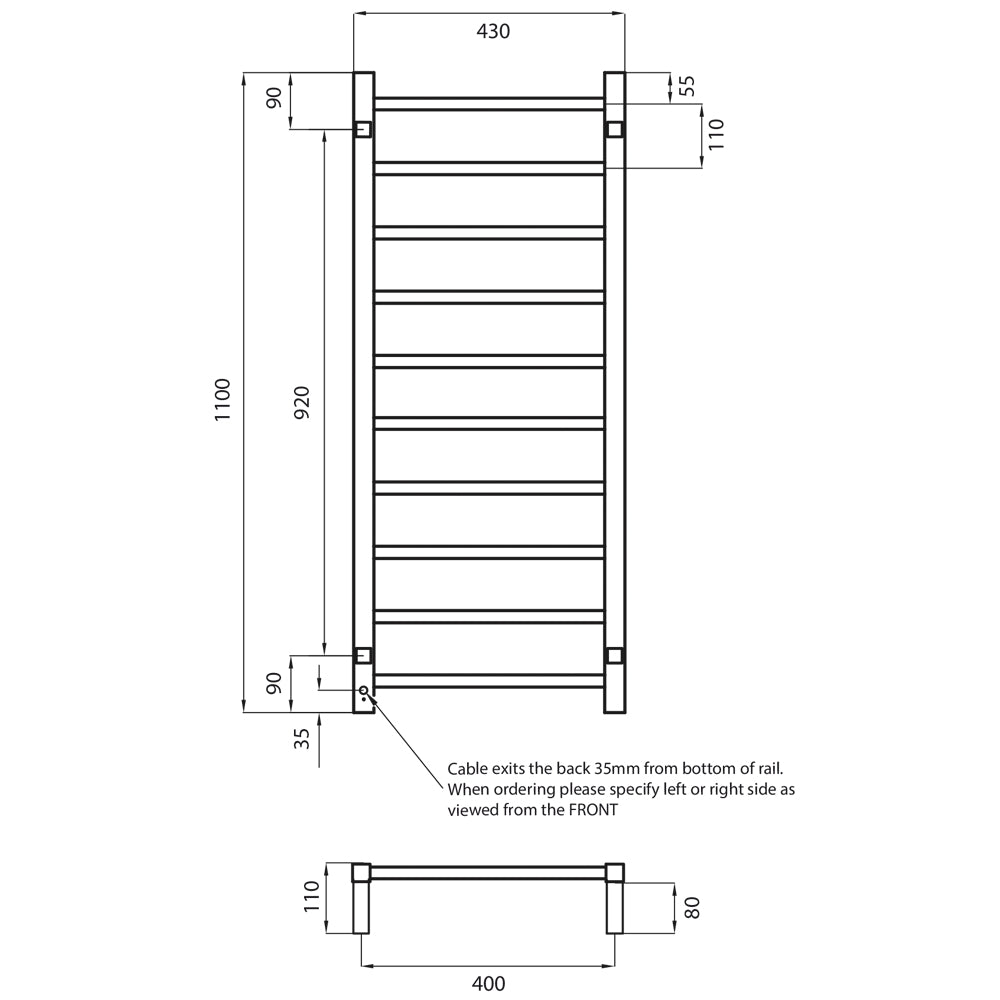 Black 430 x 1100mm Squ Heated Towel Rail RIGHT