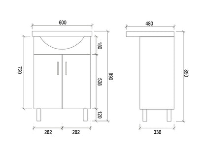 Semi-Recessed Freestanding White Bathroom Vanity SR600 (CABINET+CERAMIC TOP)