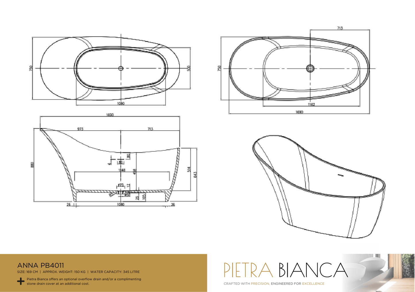 Pietra Bianca Anna Freestanding Bathtub
