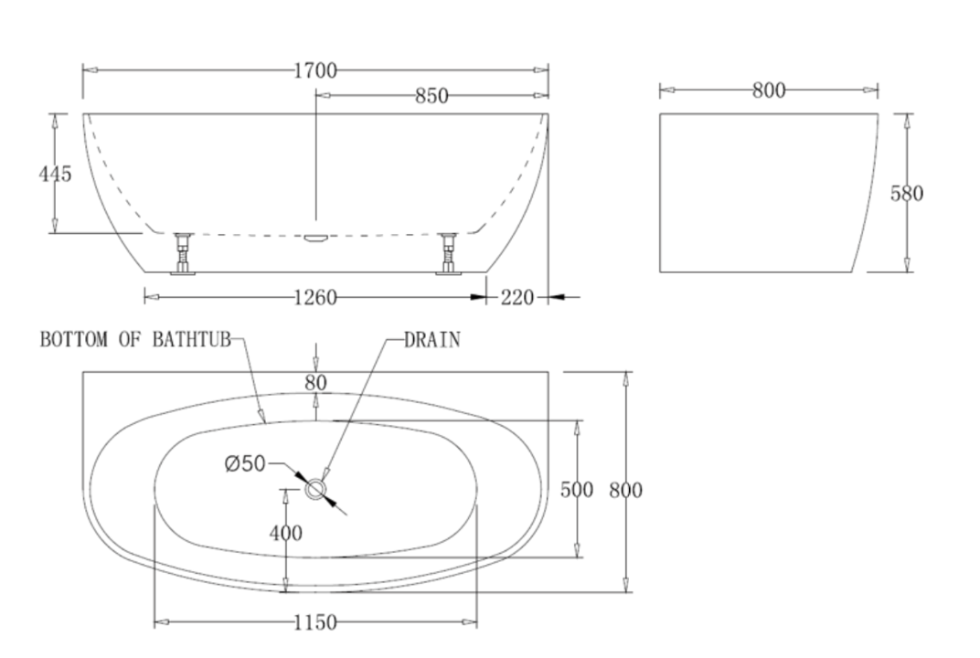 Egg Shape Back to Wall Bath 1700x800x580mm Gloss White