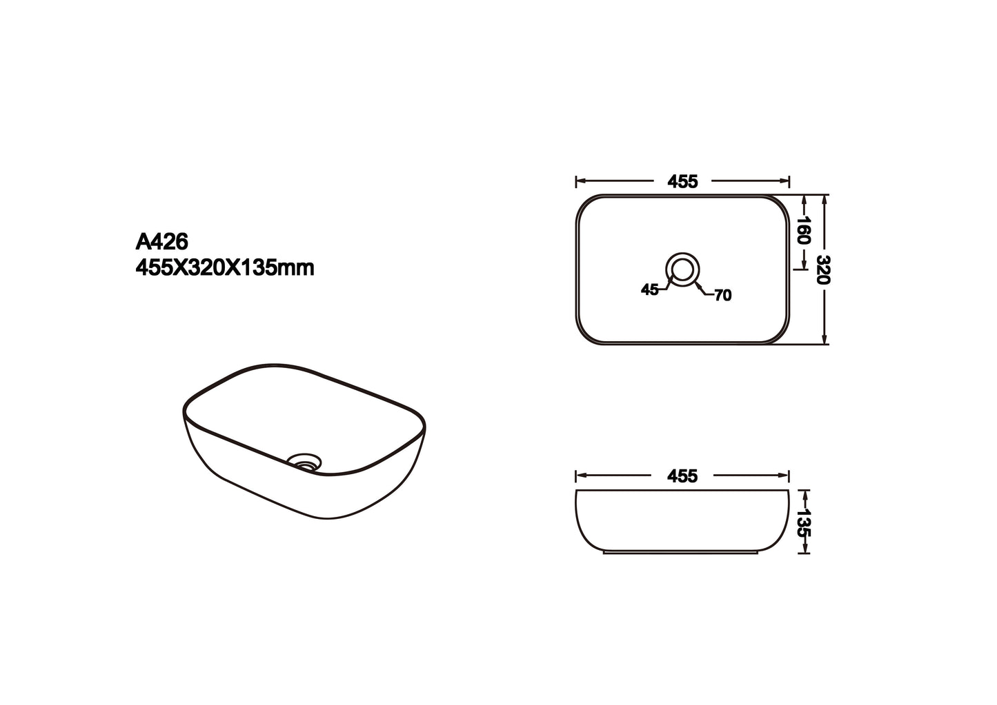 455*320*135mm Matte Black with Carrara Design Above Counter Basin
