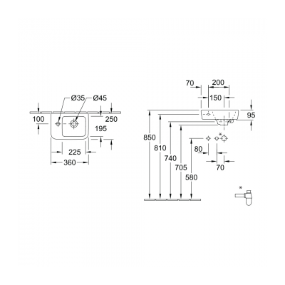 O.novo 2.0 360 Hand Wash Basin Left Hand 1 Tap Hole Right Hand Bowl