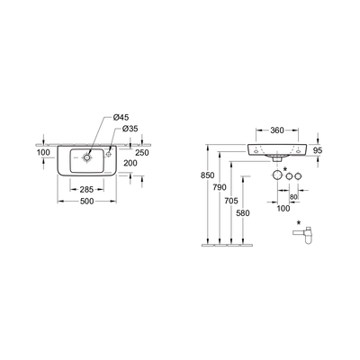 O.novo 2.0 500 Hand Wash basin 1 Tap Hole Right Hand